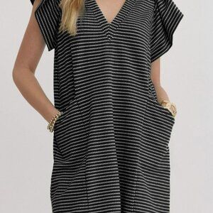 Black Stripe Textured V-Neck Flutter Sleeve Mini Dress